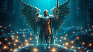 A medieval warrior angel figure in gleaming armor with sword raised, standing protectively over a digital landscape with glowing network nodes and binary code flowing around the figure, photorealistic lighting with dramatic shadows, cybersecurity theme, no text or symbols visible