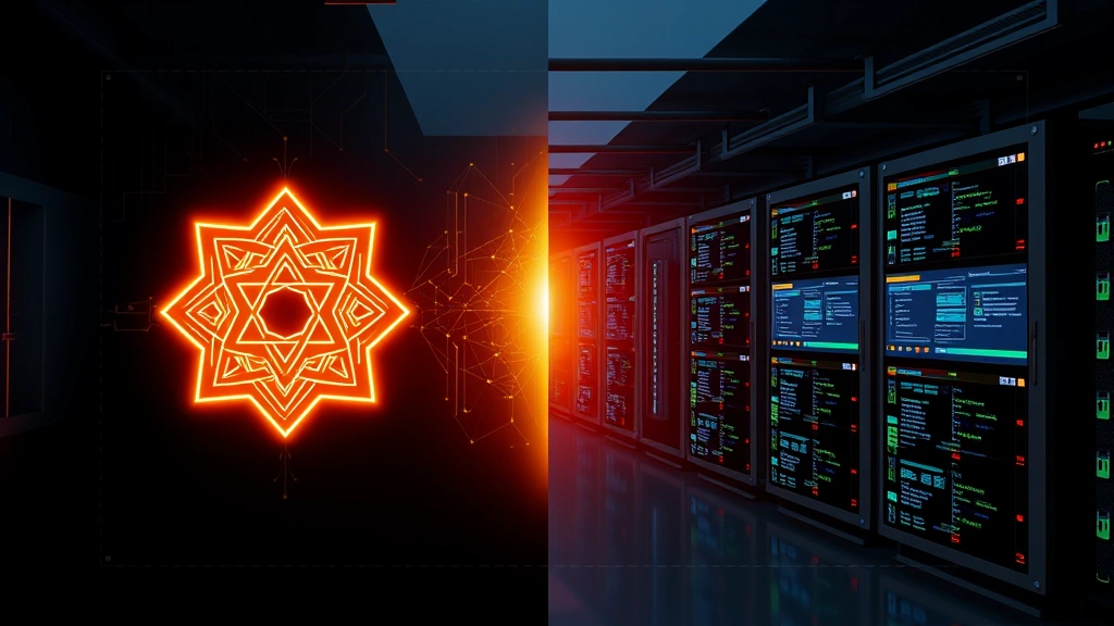 A split-screen visualization showing on one side a glowing protective barrier with geometric patterns and on the other side complex server infrastructure with security monitoring dashboards, photorealistic 3D rendering, representing the difference between spiritual and technical protection, no text