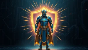 A serene digital guardian figure in blue and gold armor standing protectively before a glowing shield, with binary code and light rays surrounding it, representing cybersecurity defense and spiritual protection merged together, photorealistic style