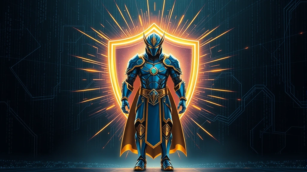 A serene digital guardian figure in blue and gold armor standing protectively before a glowing shield, with binary code and light rays surrounding it, representing cybersecurity defense and spiritual protection merged together, photorealistic style