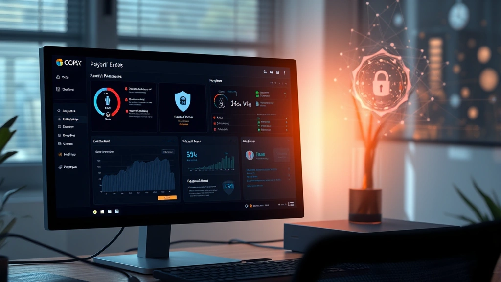 A professional workspace showing a computer monitor displaying security dashboards and authentication prompts, with subtle ethereal light effects suggesting both technical and spiritual protection layers working together