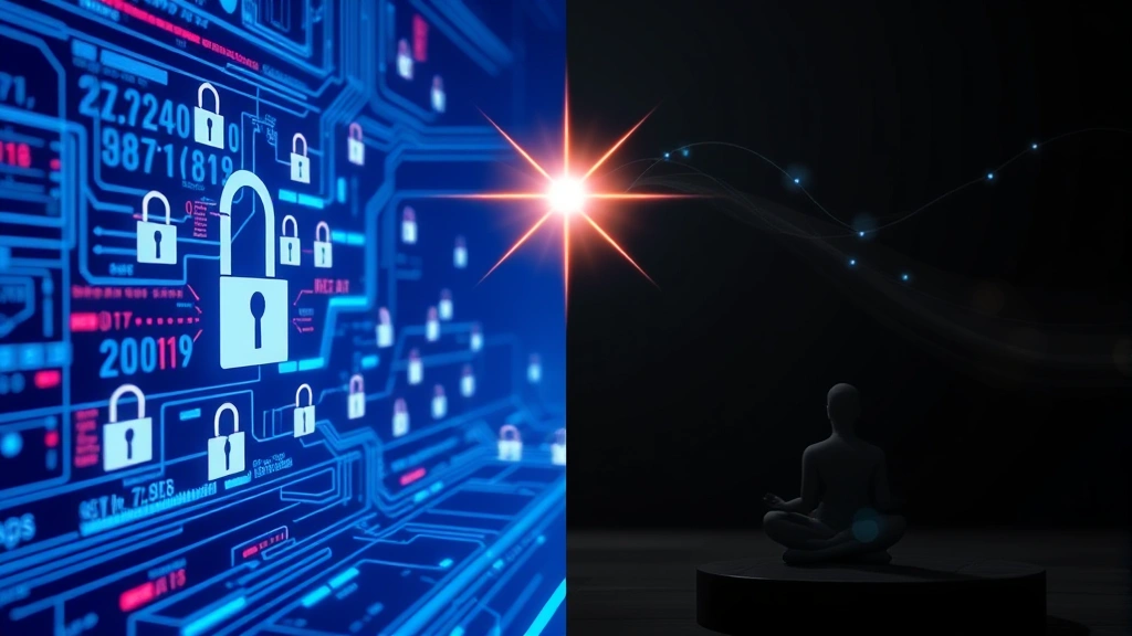 A split-screen composition: left side shows digital security infrastructure with firewalls and encryption symbols, right side shows peaceful meditation or prayer imagery, both sides connected by flowing light representing integrated protection