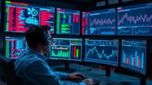 Professional cybersecurity analyst monitoring multiple screens displaying network activity, threat alerts, and real-time security dashboards with graphs and metrics in a modern security operations center