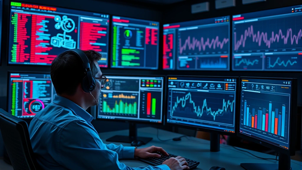 Professional cybersecurity analyst monitoring multiple screens displaying network activity, threat alerts, and real-time security dashboards with graphs and metrics in a modern security operations center