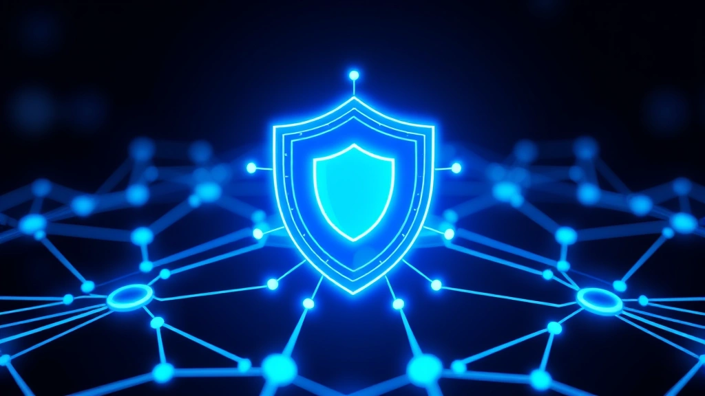 Digital shield icon with glowing blue security network connections, representing multi-layered cyber defense architecture protecting data infrastructure against attacks