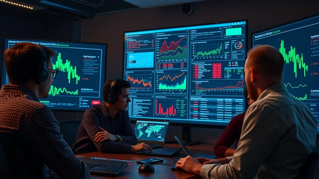 Team of security professionals collaborating in incident response situation, reviewing threat intelligence reports and security metrics on large display screens