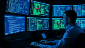 Professional cybersecurity analyst reviewing digital encryption algorithms on multiple monitors in a secure operations center, blue and green data visualizations, realistic lighting, no code visible