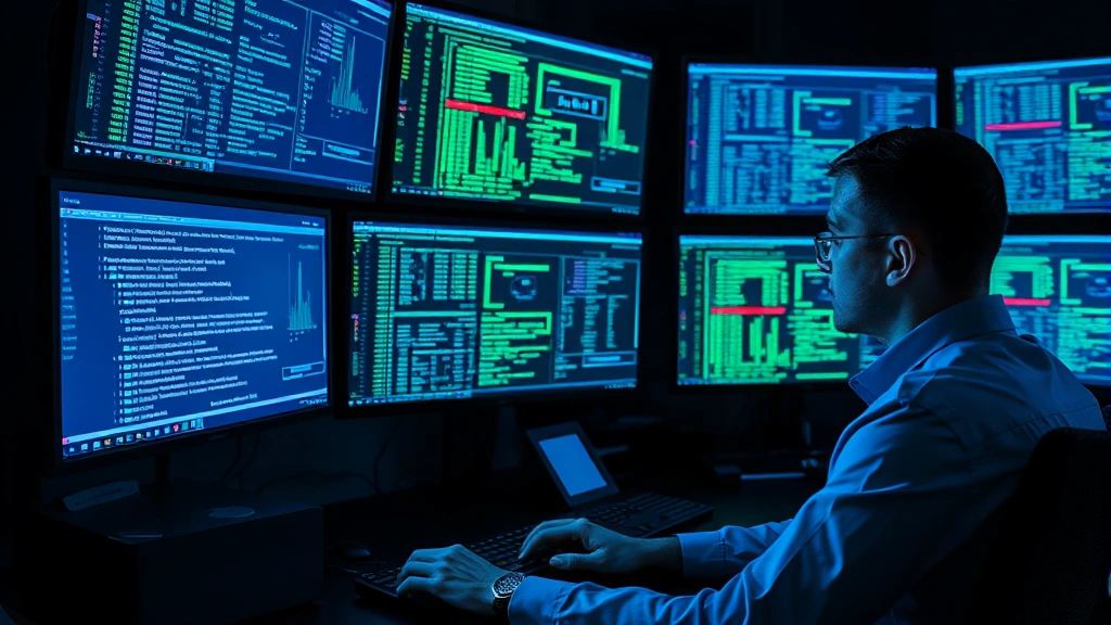 Professional cybersecurity analyst reviewing digital encryption algorithms on multiple monitors in a secure operations center, blue and green data visualizations, realistic lighting, no code visible