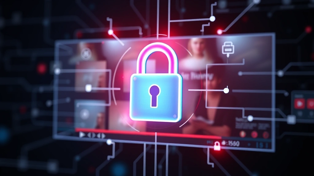 Padlock symbol integrated with streaming video player interface, representing content protection and digital rights management, abstract secure connection visualization, photorealistic modern design