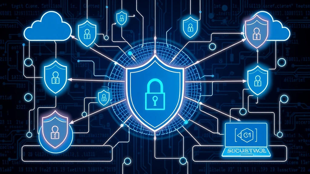 Network security infrastructure diagram illustrated as interconnected nodes and shields protecting digital content, data flowing through encrypted channels, professional tech aesthetic without visible text