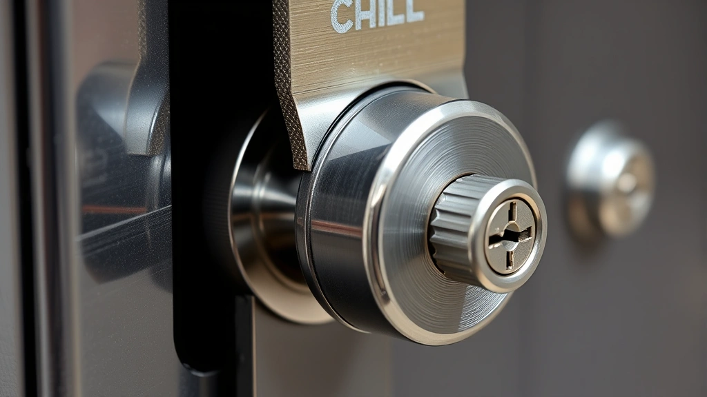 Close-up photograph of a high-security mailbox lock mechanism showing the keyway and housing, with metallic finishes and professional installation details, no text or labels visible