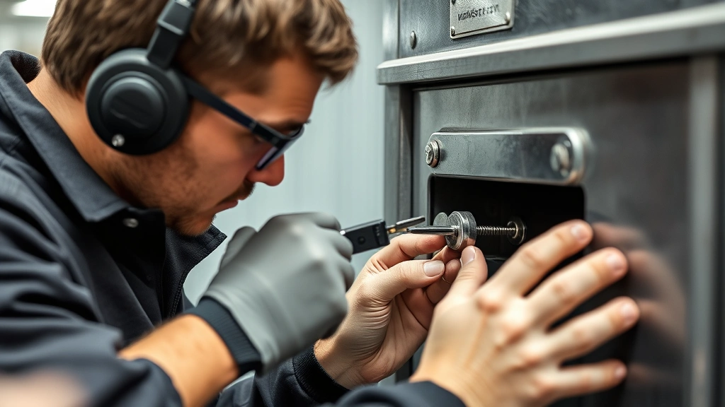 Professional locksmith examining and servicing a mailbox lock with precision tools, demonstrating proper maintenance techniques in a commercial or residential setting, no identifying information or security details