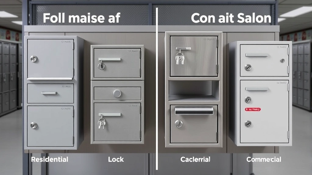 Comparison image showing multiple mailbox types and security levels, featuring residential and commercial mailboxes with different lock mechanisms in a secure facility environment, no text or identifying markers
