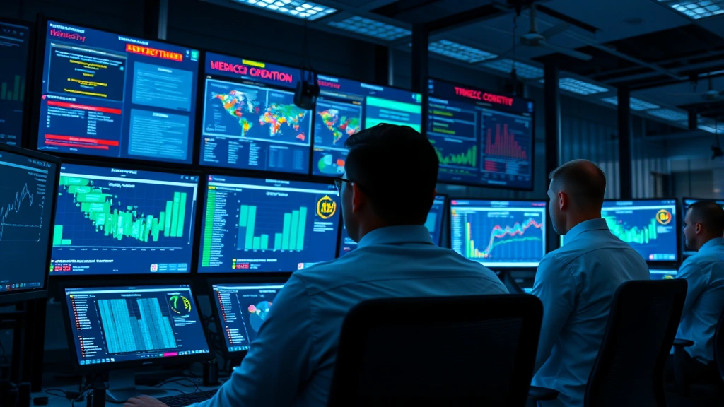 A professional network security operations center with multiple screens displaying real-time threat monitoring dashboards, glowing data visualizations, and security analysts reviewing alerts in a modern tech environment