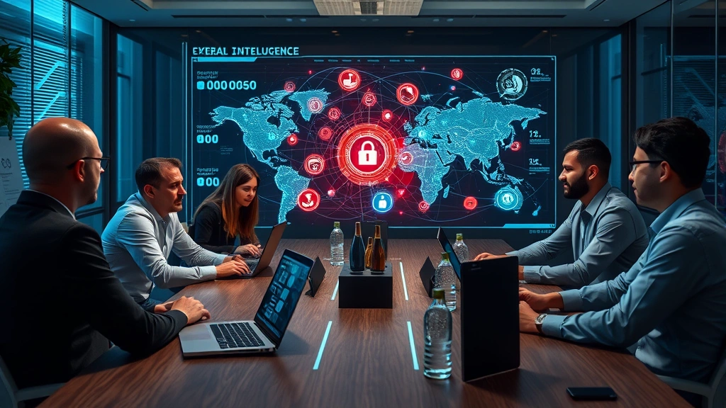 A team of diverse cybersecurity professionals collaborating at a conference table with holographic security displays showing network topology and threat intelligence data visualization