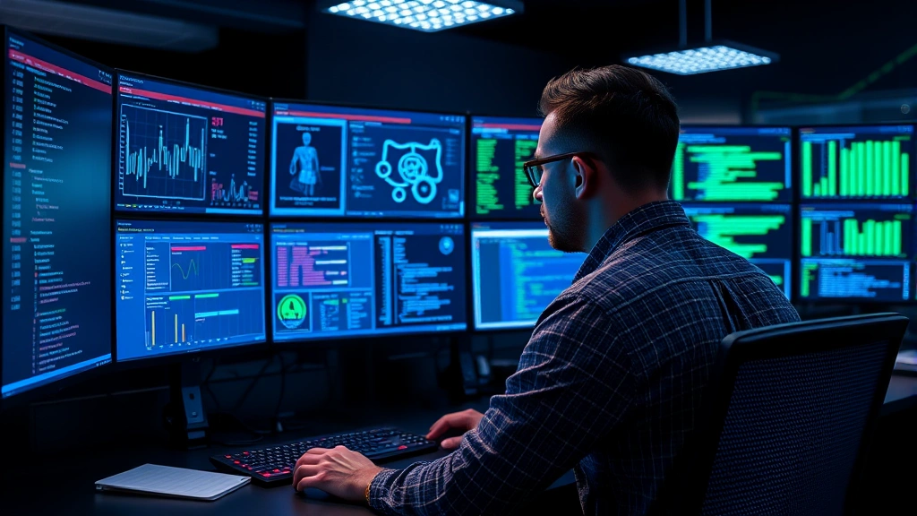 Cybersecurity analyst monitoring multiple screens displaying network traffic visualization and threat alerts in a modern security operations center with blue and green data streams