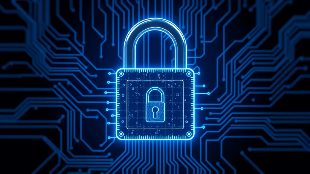 Digital padlock with glowing blue security lines representing encryption and data protection against dark background with circuit board elements