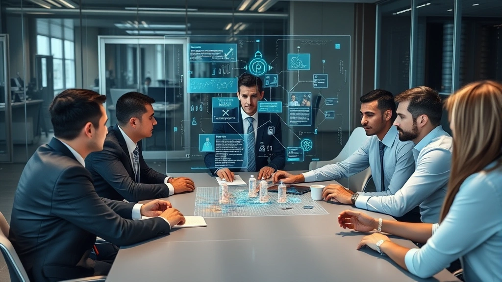Team of security professionals in business attire collaborating around a conference table with holographic cybersecurity threat visualization displayed above the table