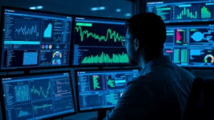 Cybersecurity analyst monitoring multiple digital threat dashboards with data streams and network visualization on screens, professional tech environment with blue and green indicators