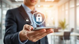 Person holding secure smartphone with padlock and shield icons, bright modern office setting, digital payment security visualization, photorealistic style, no text or code visible