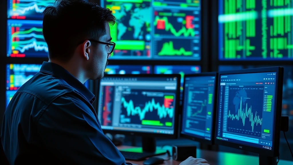 Cybersecurity analyst monitoring multiple screens showing network traffic patterns and threat detection dashboards, professional data center environment, blue and green security interface lighting, photorealistic composition