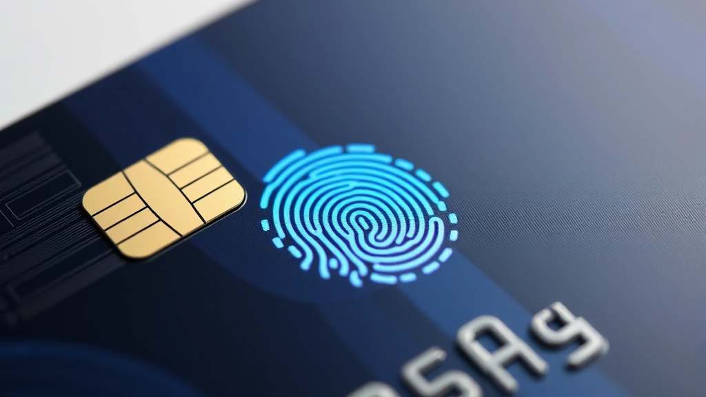 Close-up of credit card with holographic security features and biometric fingerprint scanner integration, modern payment technology, professional product photography style, no visible card numbers or personal information