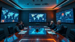 Photorealistic image of a secure government conference room with modern technology displays, multiple large screens showing threat intelligence maps and data visualization dashboards, professional officials in business attire reviewing classified documents at a polished wooden table, soft blue and amber lighting creating a secure atmosphere