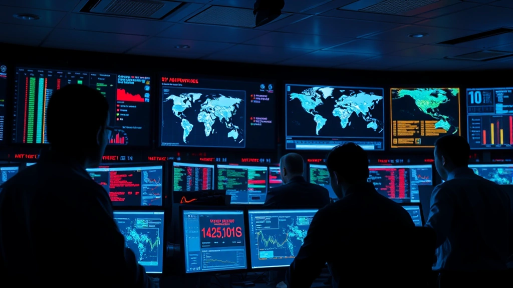 Photorealistic photograph of cybersecurity professionals monitoring network traffic and threat detection systems in a state-of-the-art operations center, multiple computer workstations displaying real-time security analytics, glowing screens showing global threat maps and attack patterns, figures silhouetted against illuminated displays