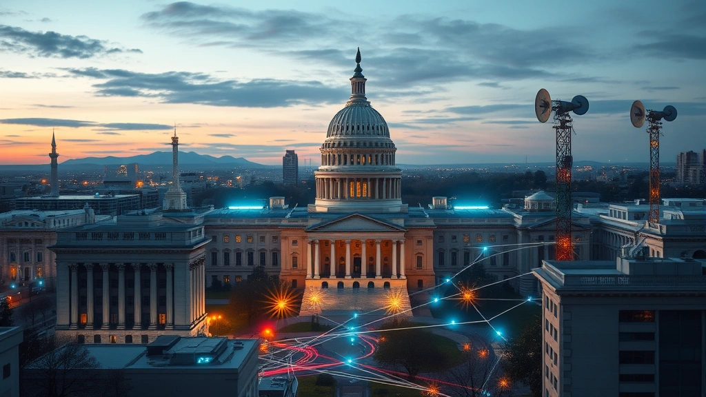 Photorealistic image of interconnected government buildings and communication infrastructure representing national security coordination, digital network connections flowing between buildings, secure fiber optic cables and satellite communication systems, dawn lighting with emphasis on technological infrastructure and security systems