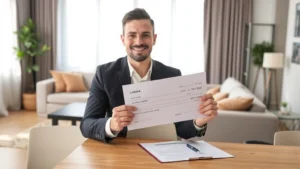 Professional tenant holding lease document with security deposit check, modern apartment living room background, natural lighting, confident expression, documents and pen on table