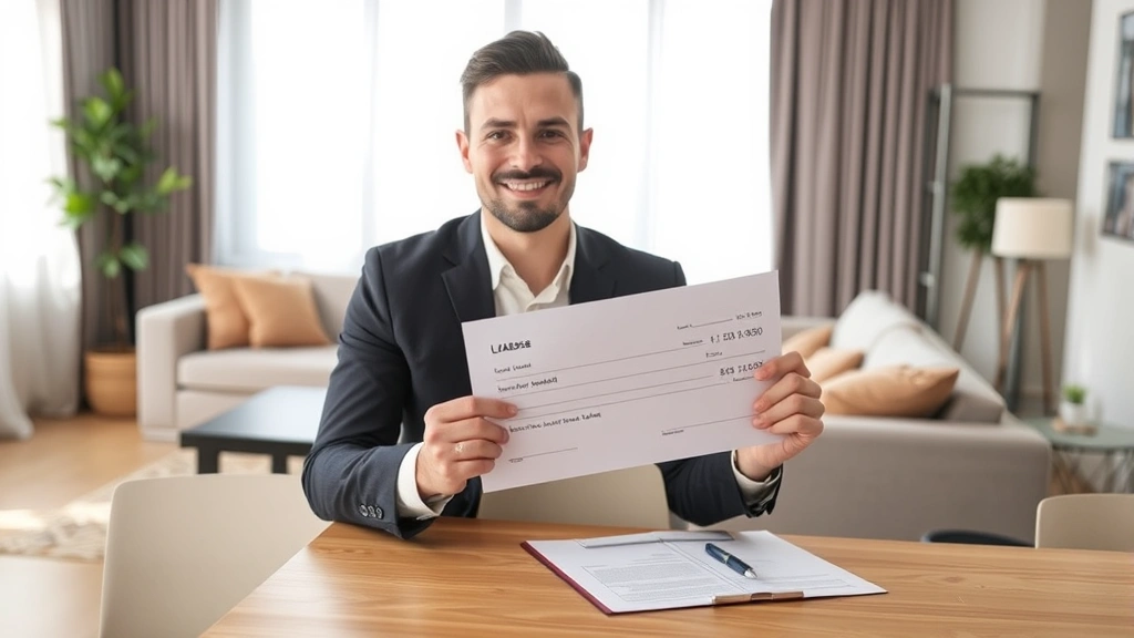 Professional tenant holding lease document with security deposit check, modern apartment living room background, natural lighting, confident expression, documents and pen on table