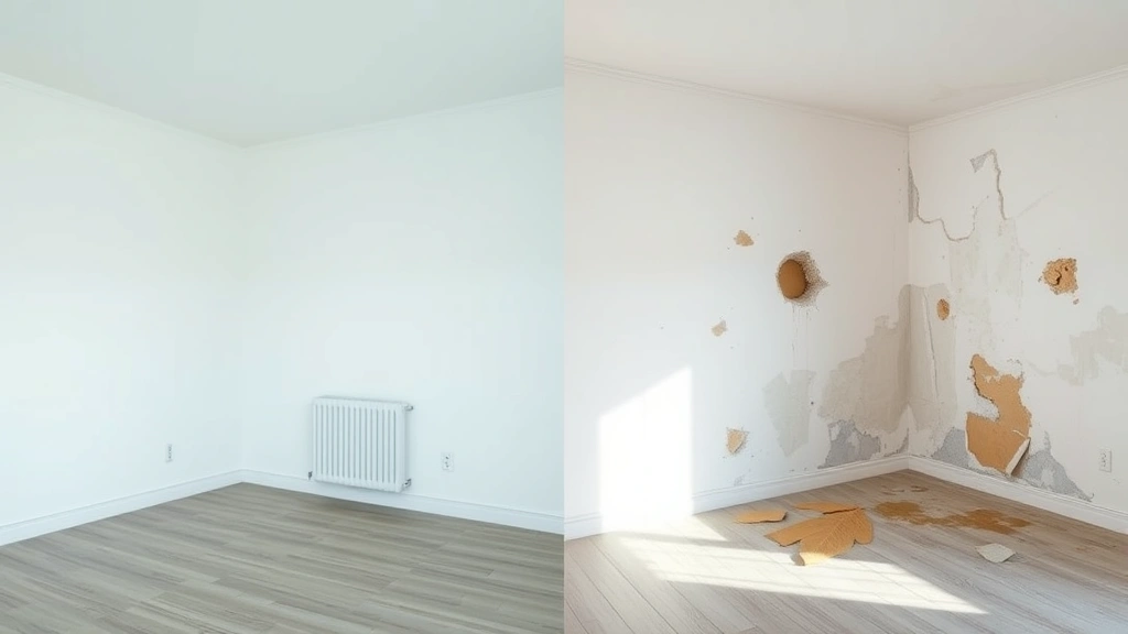 Split-screen comparison showing pristine apartment room on left and damaged room with wall holes and stains on right, illustrating normal wear versus damage concept
