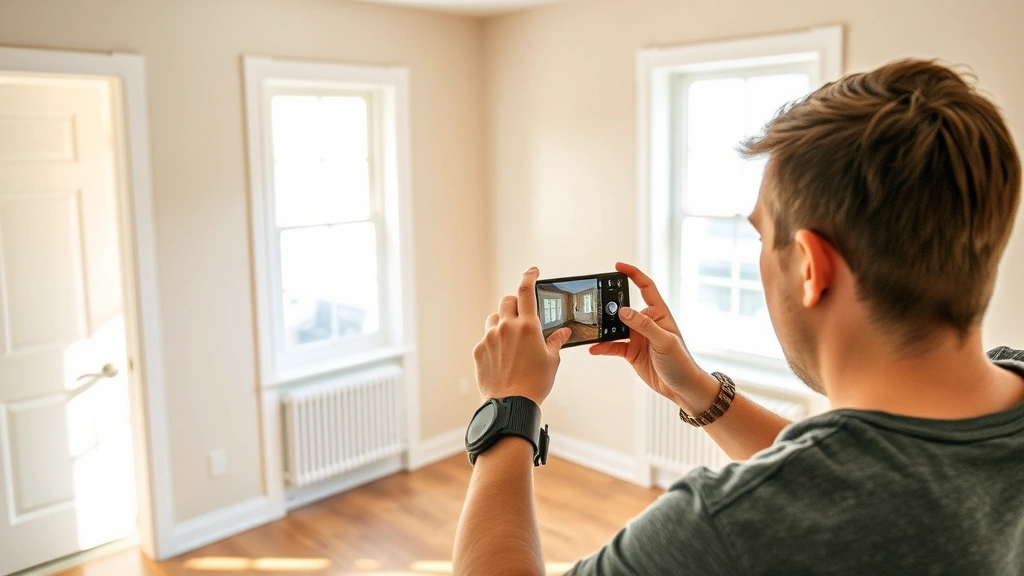 Tenant photographing apartment walls and floors with smartphone during move-out inspection, documenting property condition, bright natural light through windows