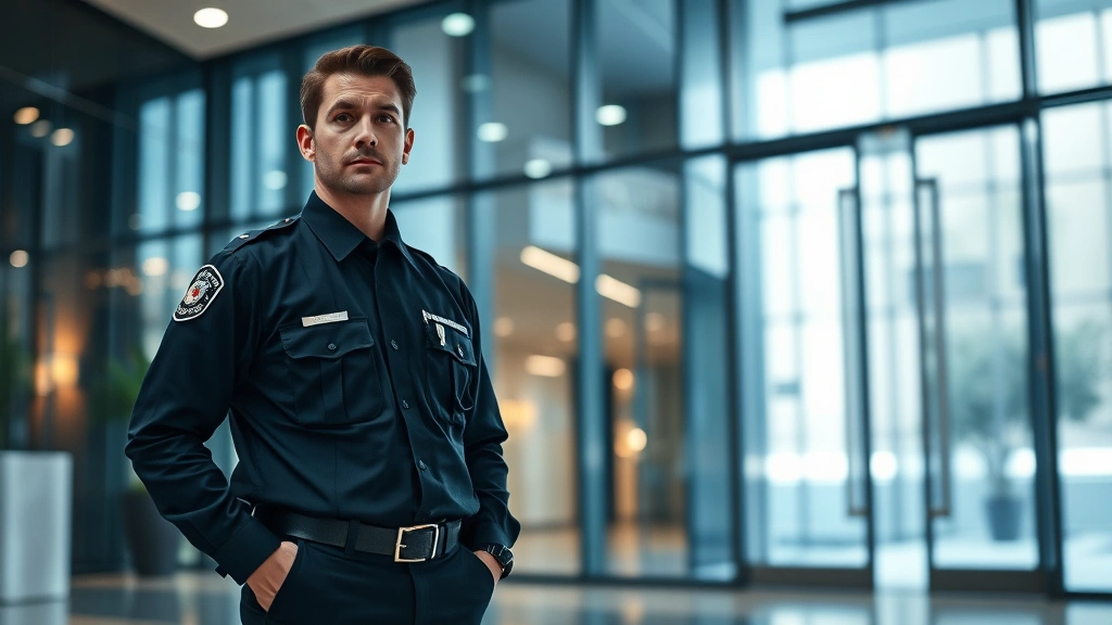 Professional security guard in uniform standing alert in modern corporate lobby with glass doors and professional lighting, monitoring surroundings with focused expression, professional atmosphere