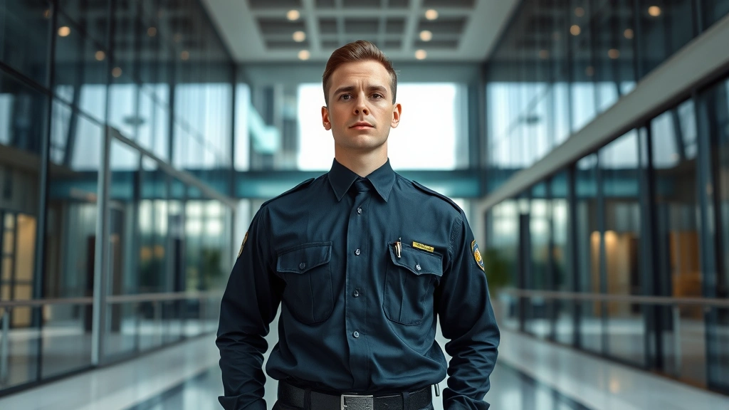Professional security guard in dark uniform standing alert in modern corporate lobby with glass walls and contemporary architecture, confident posture, vigilant expression, daytime lighting