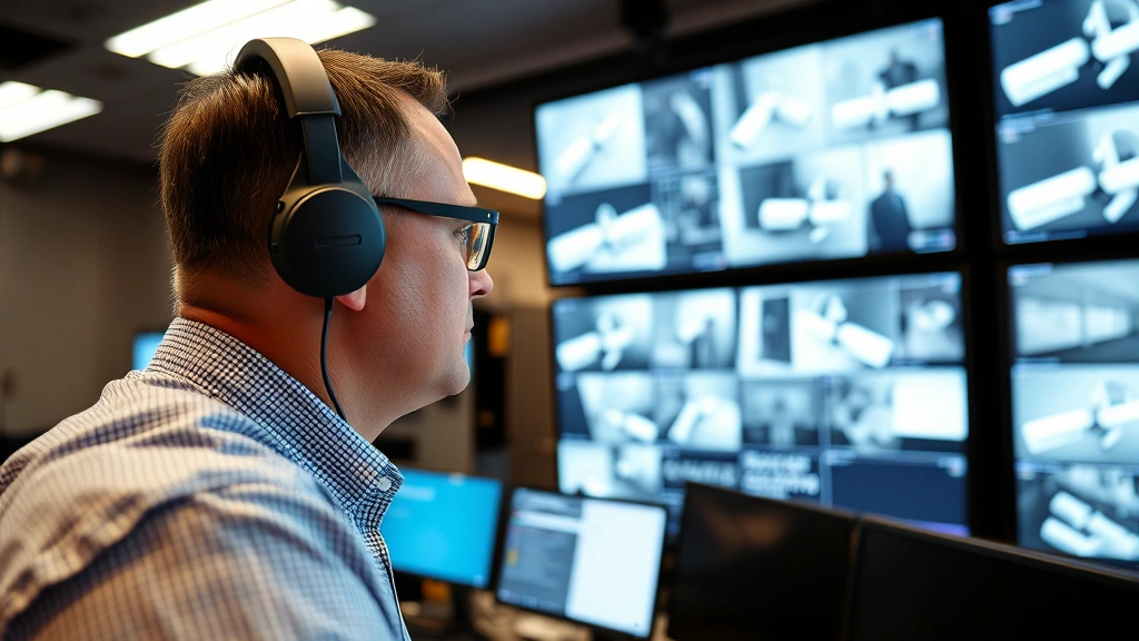 Close-up of security professional reviewing surveillance monitors and access control systems in modern security operations center with multiple screens and equipment, professional environment