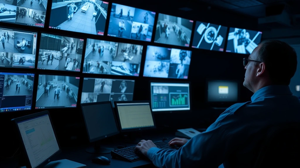 Security control room with multiple monitors displaying surveillance feeds, professional operator reviewing incident data on screens, dark ambient lighting, technology-focused environment, no visible code or text