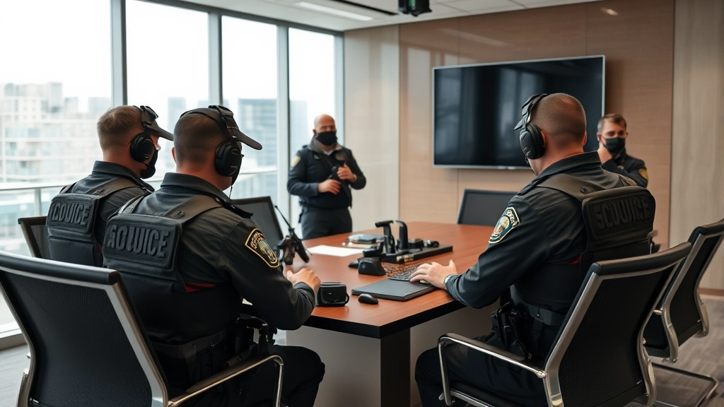 Security team conducting professional briefing in modern conference room with tactical equipment and communication devices visible, professional security personnel in discussion