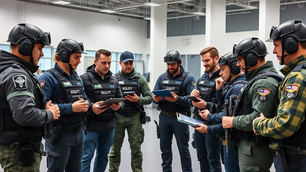 Diverse team of security professionals in tactical gear conducting collaborative security briefing in modern facility, reviewing digital tablets and discussing strategy, professional and competent atmosphere