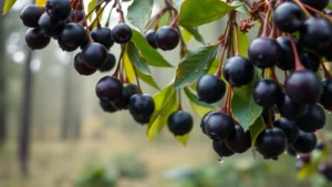 Close-up of dark purple elderberries hanging from branches with green leaves, morning dew visible on berries, forest background slightly blurred, natural lighting