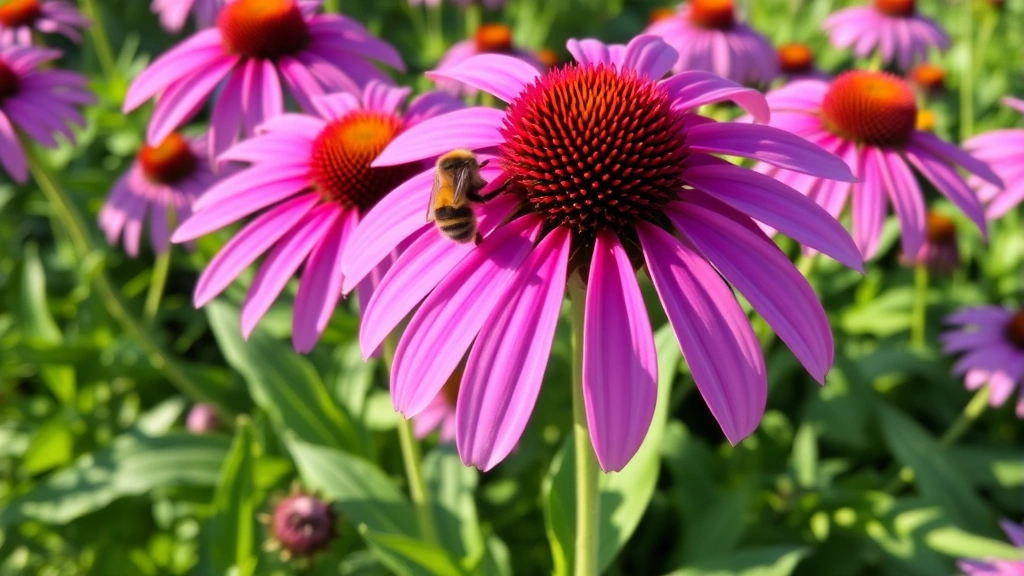 Vibrant purple coneflower (echinacea) flowers in full bloom in a Tennessee garden, bumblebee visiting flower, afternoon sunlight, healthy green foliage surrounding