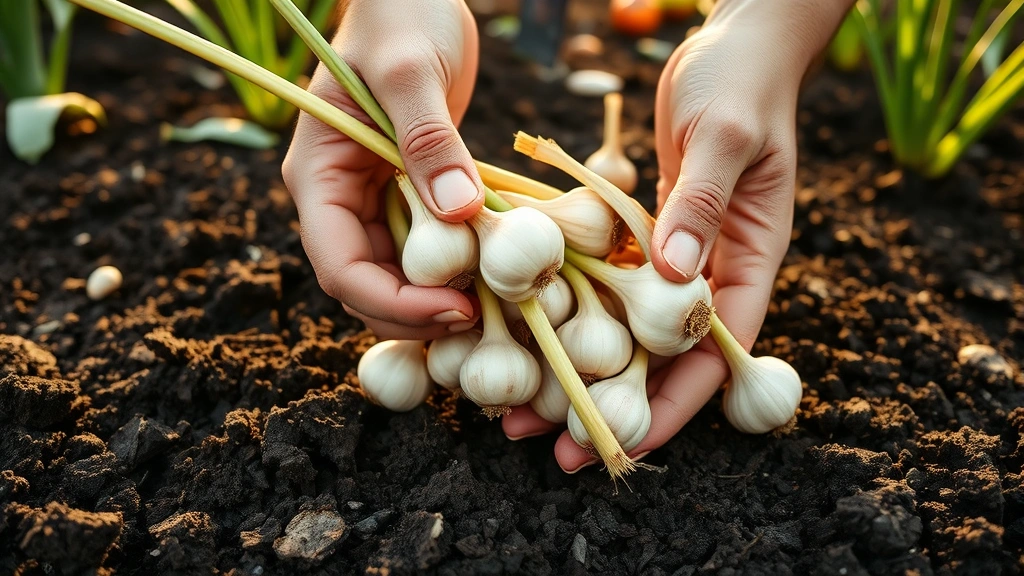 Hands harvesting fresh garlic cloves from rich dark soil in a garden bed, morning light, other vegetables visible in background, sustainable farming aesthetic