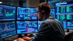Cybersecurity analyst reviewing threat intelligence on multiple monitors displaying network traffic patterns and security alerts in a government office setting