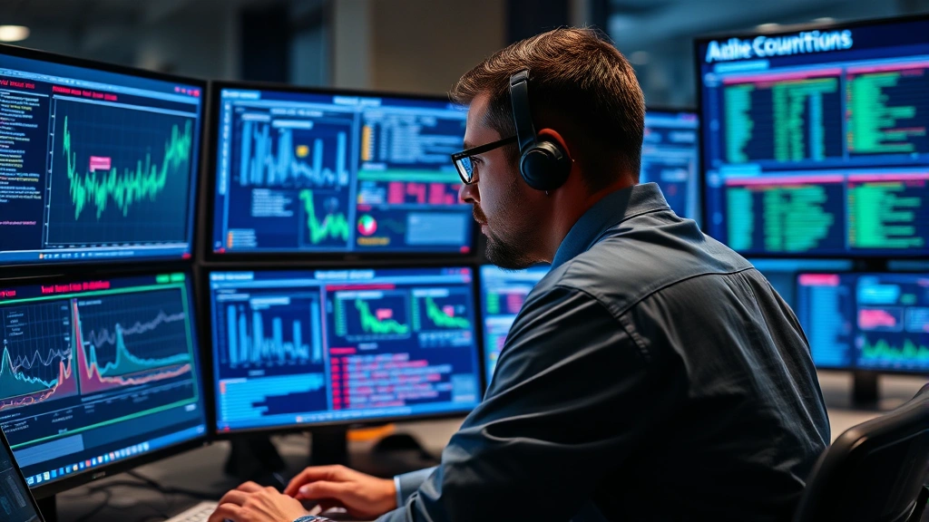 Cybersecurity analyst reviewing threat intelligence on multiple monitors displaying network traffic patterns and security alerts in a government office setting