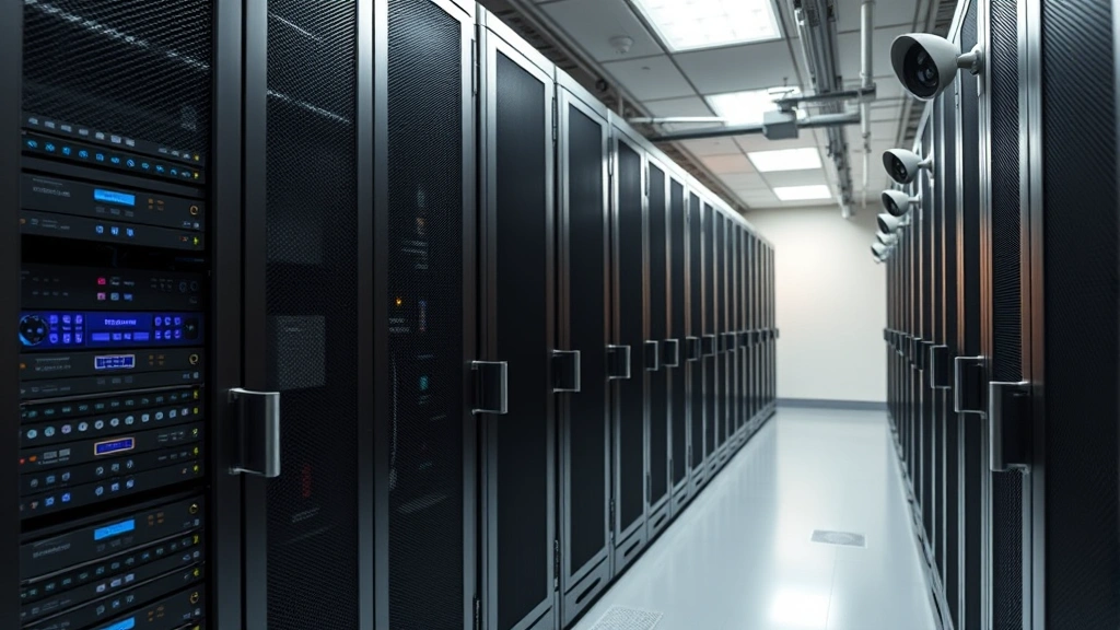 Secure data center with encrypted server racks, access control badge readers, and monitoring cameras protecting critical infrastructure systems