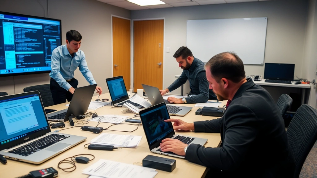 IT security team conducting tabletop incident response exercise with laptops, documentation, and communication devices during emergency preparedness drill