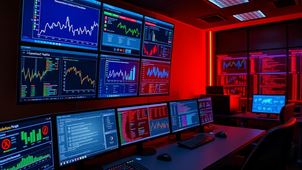 Professional cybersecurity operations center with multiple monitors displaying network traffic analysis, threat detection dashboards, and security metrics in real-time monitoring environment