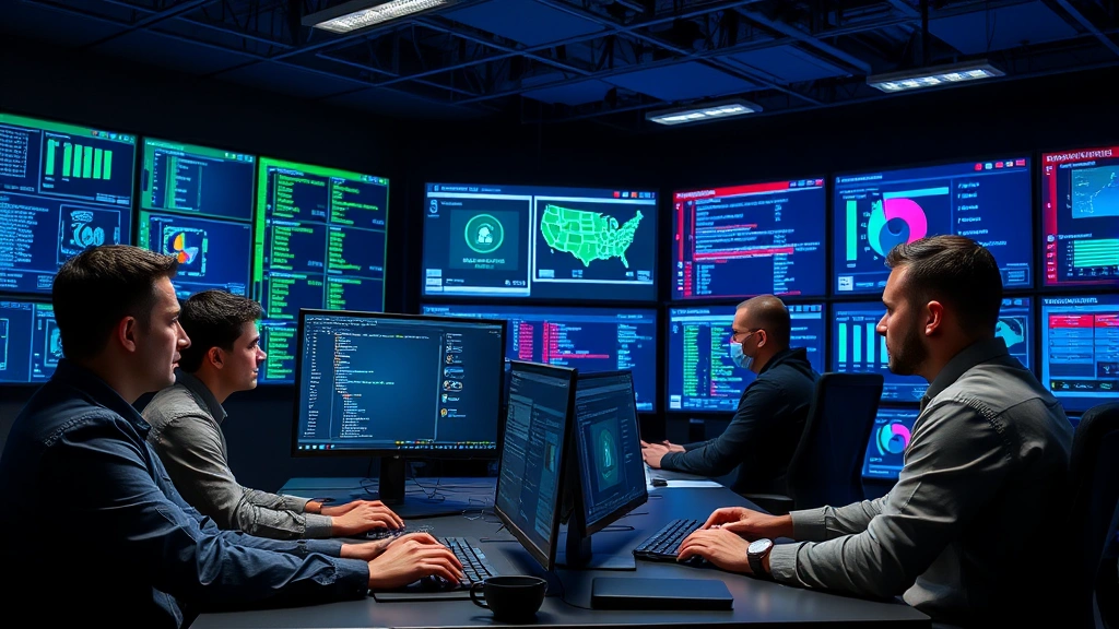 Cybersecurity team members in modern security operations center collaborating on incident response with advanced monitoring displays and threat intelligence systems