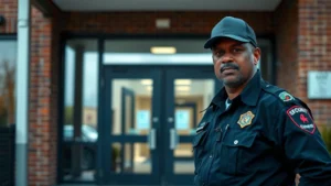 Professional security officer in dark uniform standing alert at school entrance with glass doors and brick building visible, daytime professional lighting, serious attentive expression