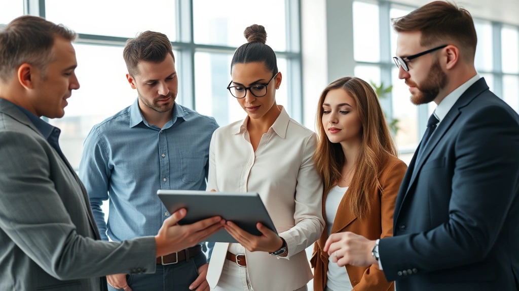 Diverse security team of three professionals reviewing digital security dashboard on tablet device indoors, focused professional expressions, modern office setting with windows
